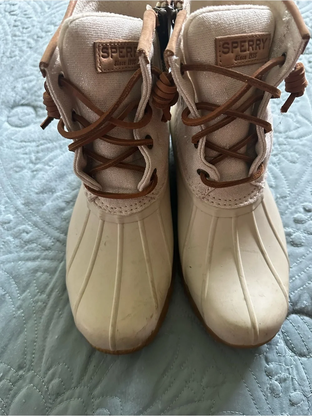 Sperry Cream and Tan Waterproof Lace-Up Duck Boots